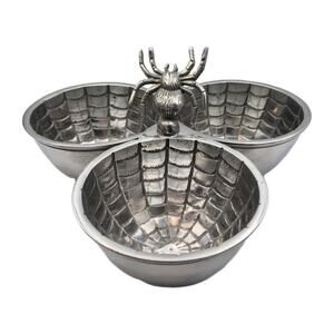 Midnight Fright Silver Spider Triple Web Serving Dish India 10x10x6"